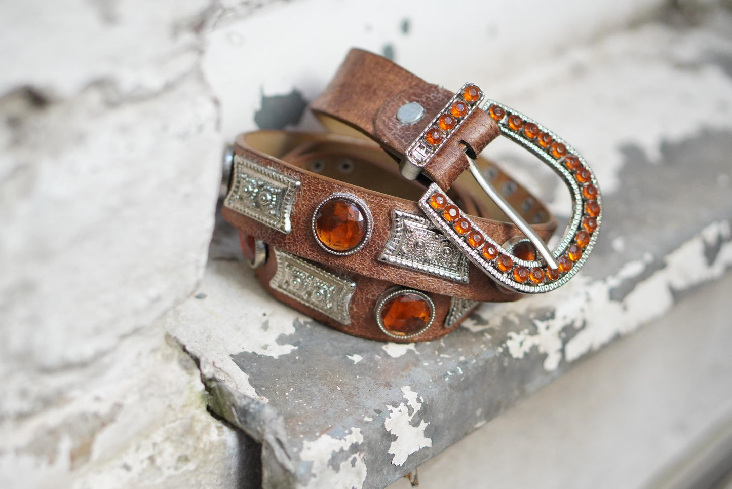 Vintage Western Leather Belt Amber Rhinestone Jeweled Buckle Boho Cowgirl 85cm