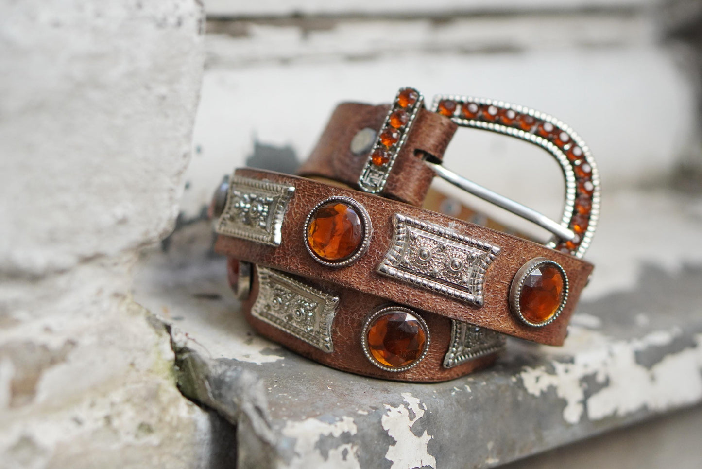 Vintage Western Leather Belt Amber Rhinestone Jeweled Buckle Boho Cowgirl 85cm