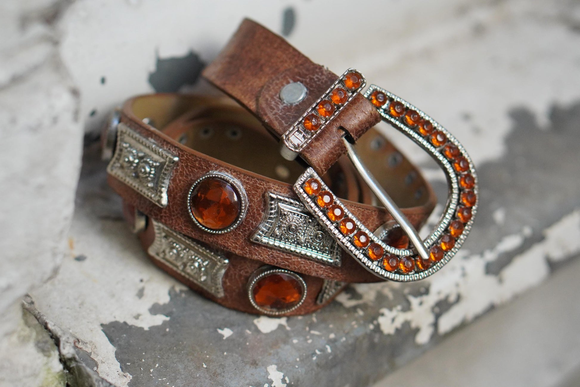 Vintage Western Leather Belt Amber Rhinestone Jeweled Buckle Boho Cowgirl 85cm