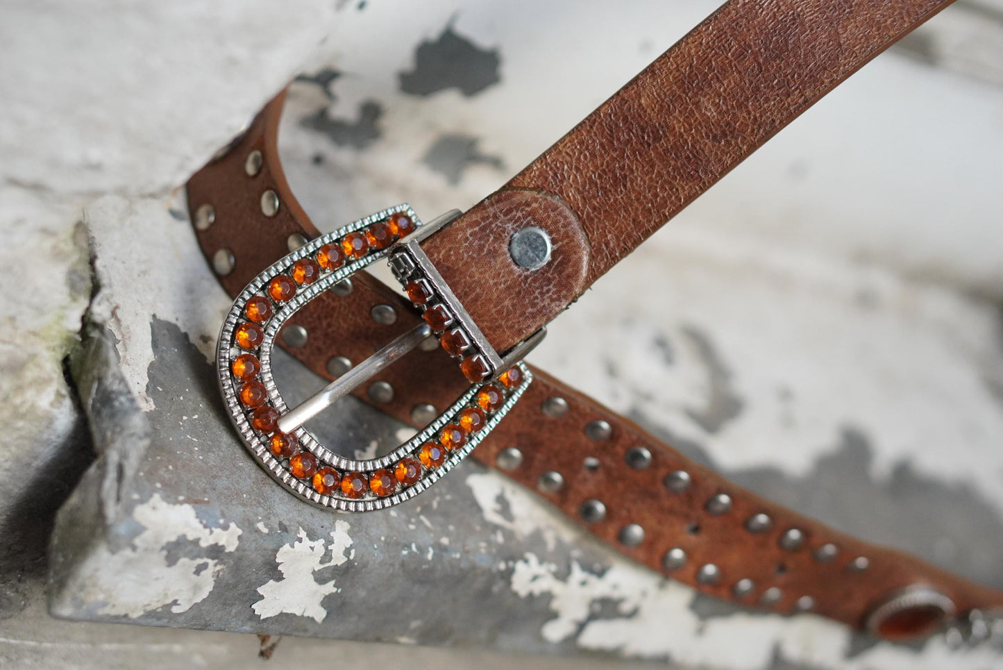 Vintage Western Leather Belt Amber Rhinestone Jeweled Buckle Boho Cowgirl 85cm