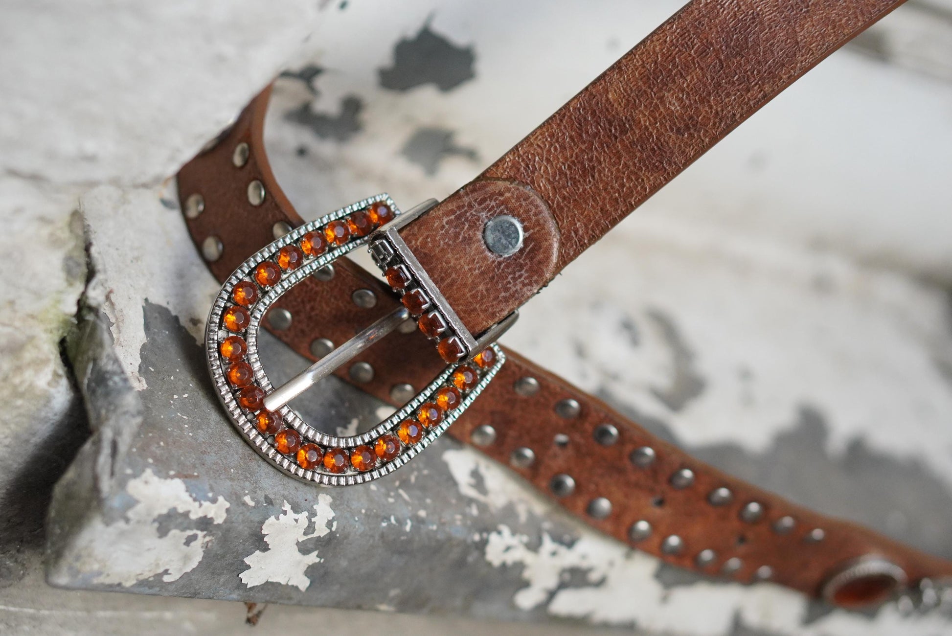 Vintage Western Leather Belt Amber Rhinestone Jeweled Buckle Boho Cowgirl 85cm