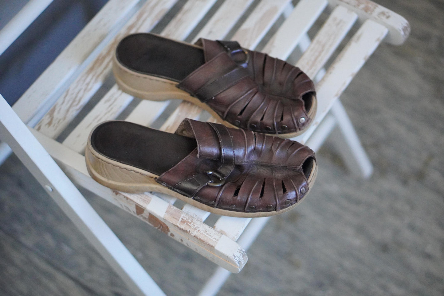 Vintage Rieker Brown Leather Clogs Mules 90s Boho Wooden Sole Shoes Size 38 EU