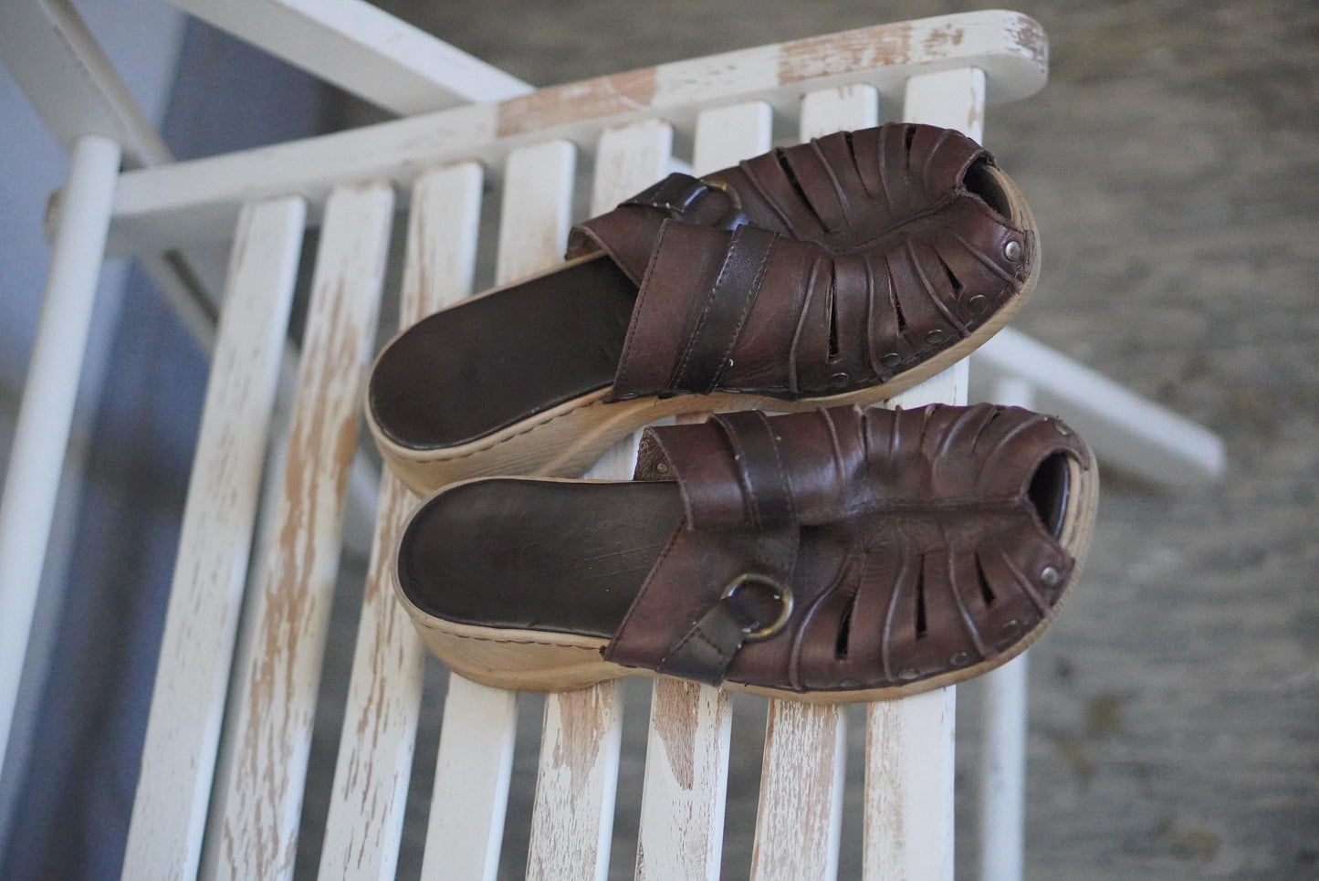 Vintage Rieker Brown Leather Clogs Mules 90s Boho Wooden Sole Shoes Size 38 EU