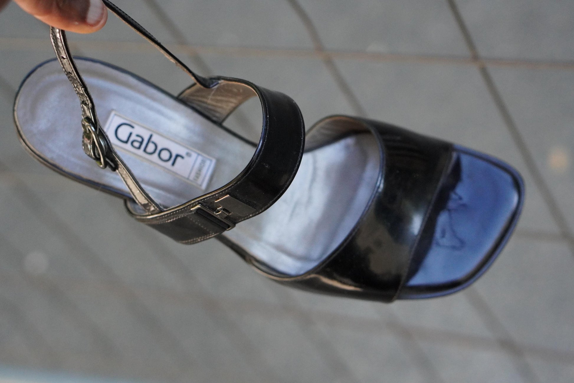 Gabor Vintage 90s Black Patent Leather Sandals Block Heel Slingback UK 4.5 EU 37.5
