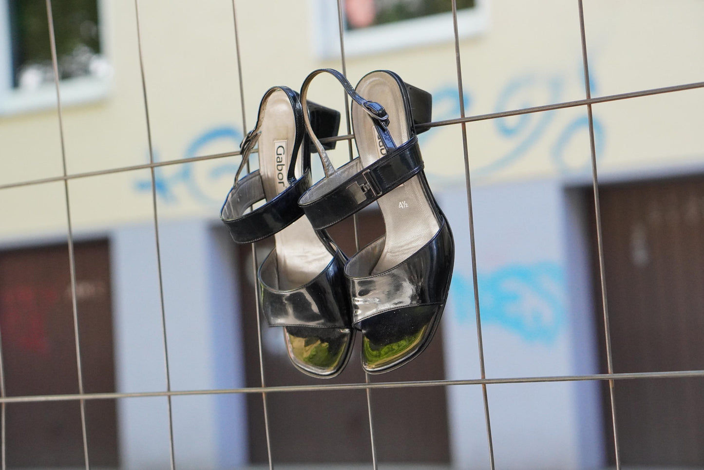 Gabor Vintage 90s Black Patent Leather Sandals Block Heel Slingback UK 4.5 EU 37.5