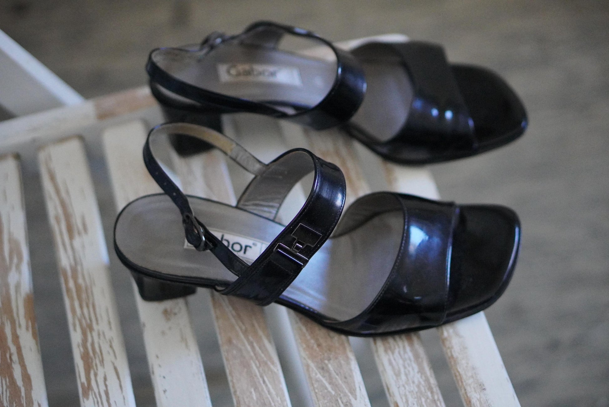 Gabor Vintage 90s Black Patent Leather Sandals Block Heel Slingback UK 4.5 EU 37.5