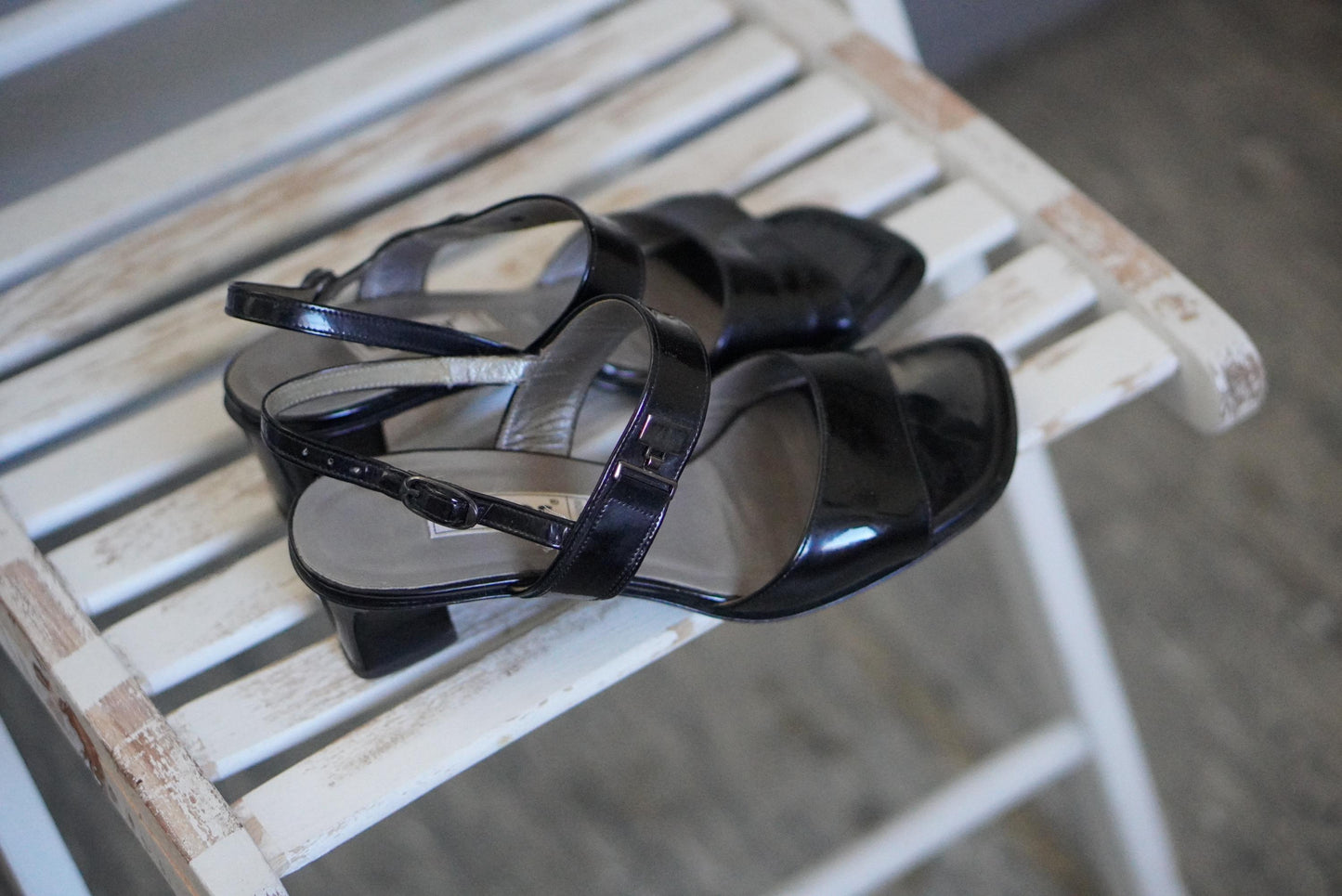 Gabor Vintage 90s Black Patent Leather Sandals Block Heel Slingback UK 4.5 EU 37.5