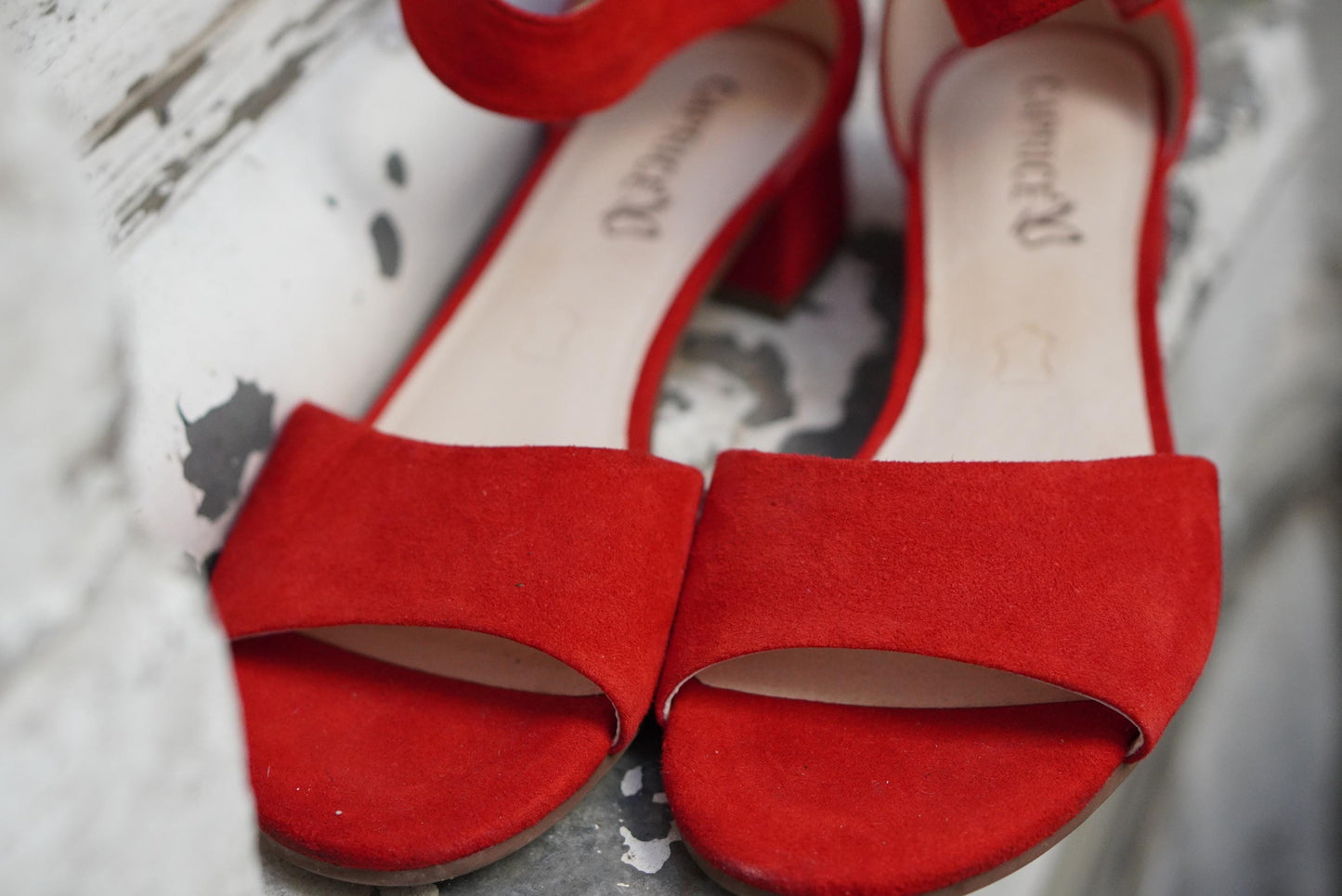 Vintage Red Suede Block Heel Sandals | Ankle Strap Open Toe Summer Shoes UK 5.5