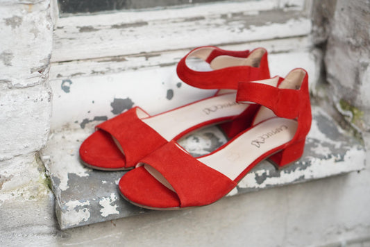 Vintage Red Suede Block Heel Sandals | Ankle Strap Open Toe Summer Shoes UK 5.5