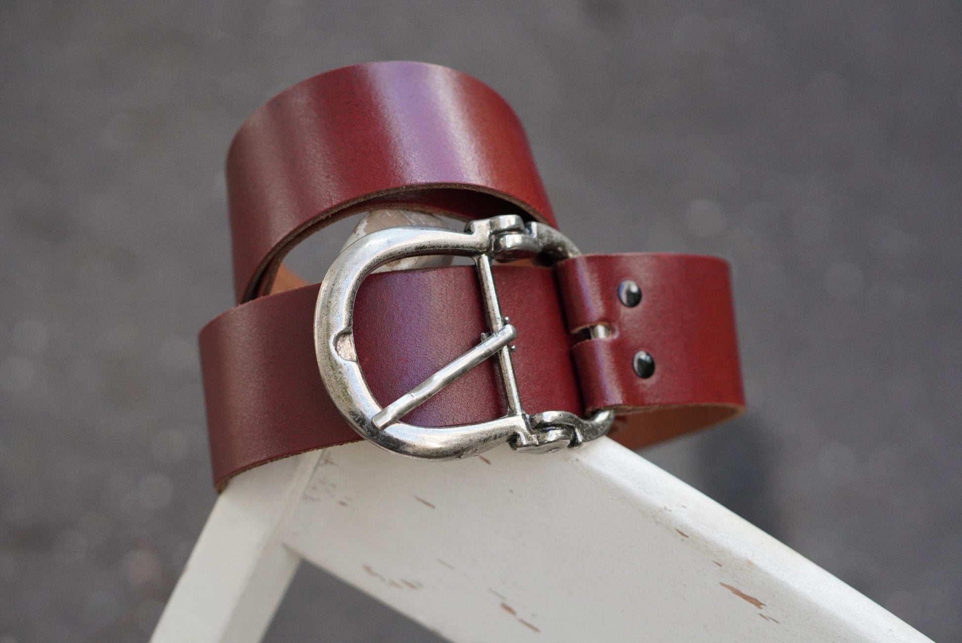 Oxblood Leather Belt Vintage Fireman Buckle Solid Hide Wide Burgundy Waist Belt