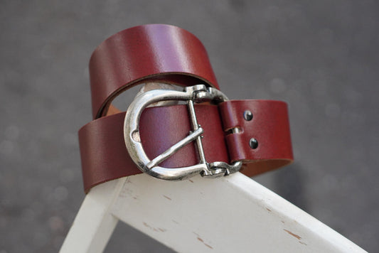 Oxblood Leather Belt Vintage Fireman Buckle Solid Hide Wide Burgundy Waist Belt