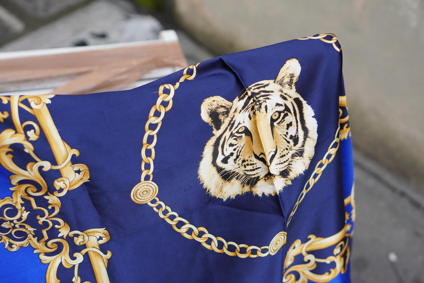 Vintage Tiger Scarf | Royal Blue Gold Chain Print Necktie| Baroque Accessory