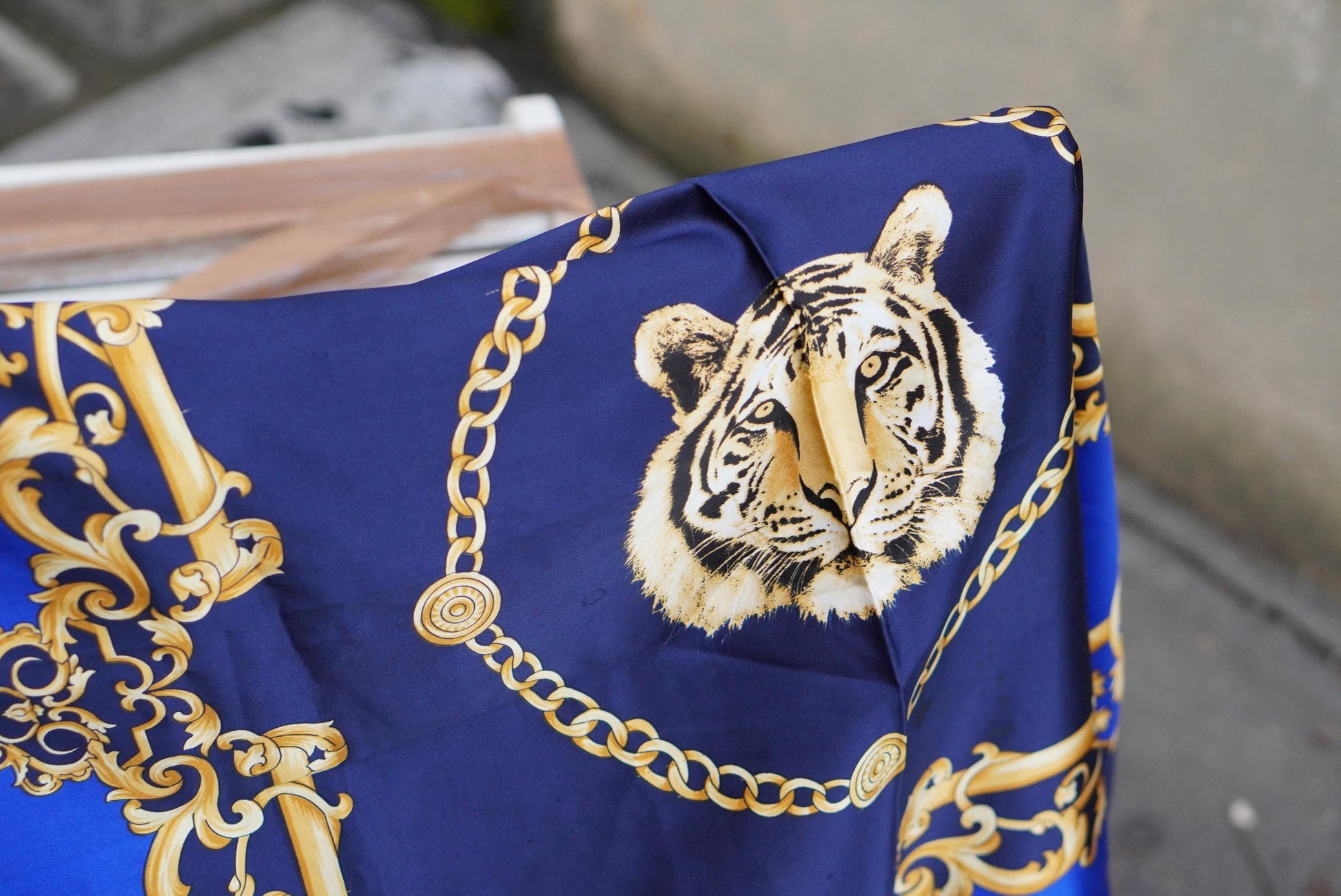Vintage Tiger Scarf | Royal Blue Gold Chain Print Necktie| Baroque Accessory