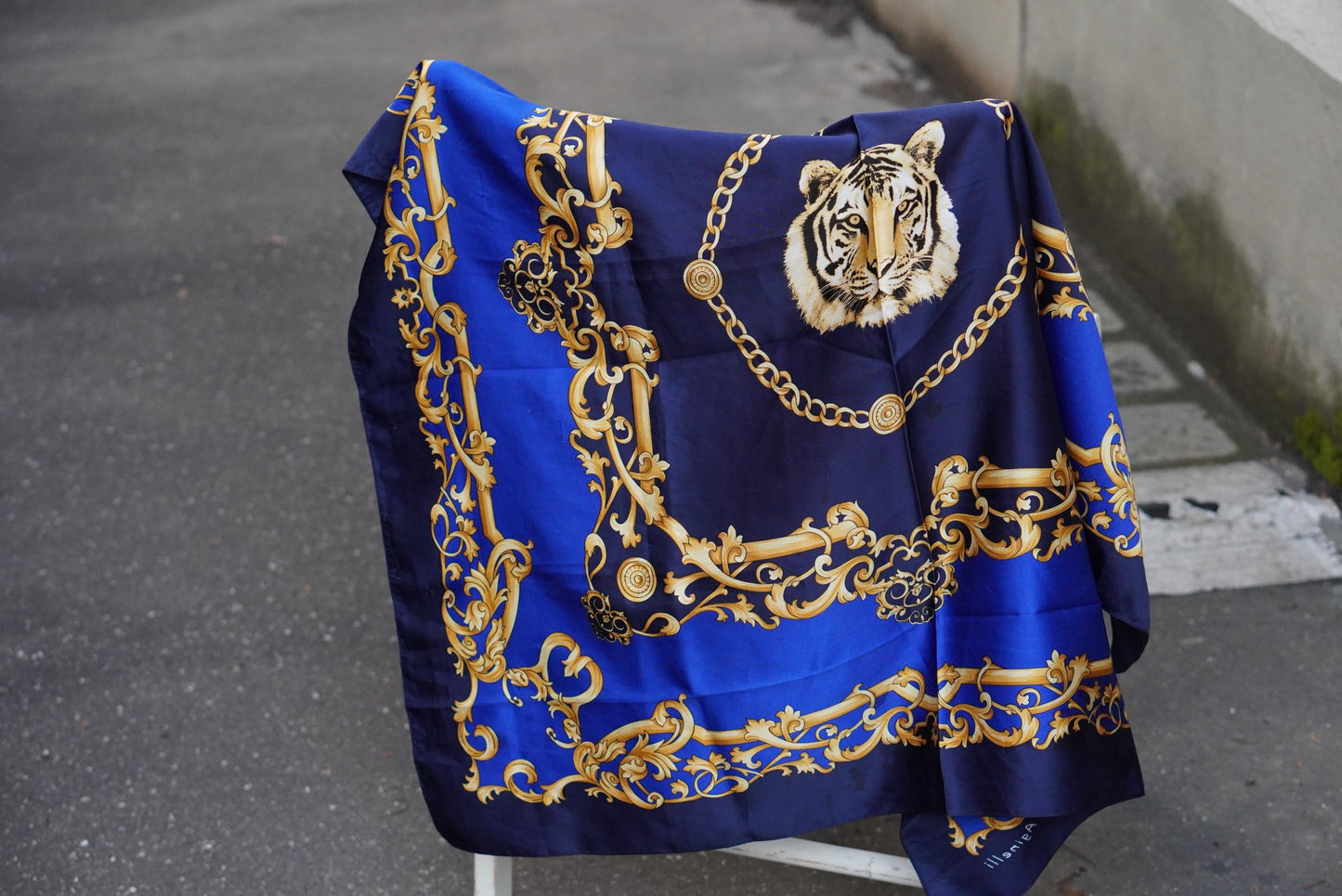 Vintage Tiger Scarf | Royal Blue Gold Chain Print Necktie| Baroque Accessory