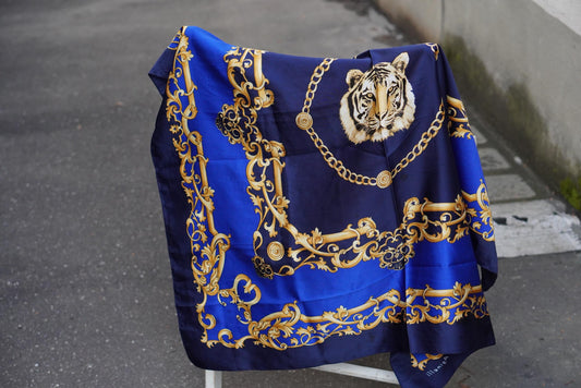 Vintage Tiger Scarf | Royal Blue Gold Chain Print Necktie| Baroque Accessory