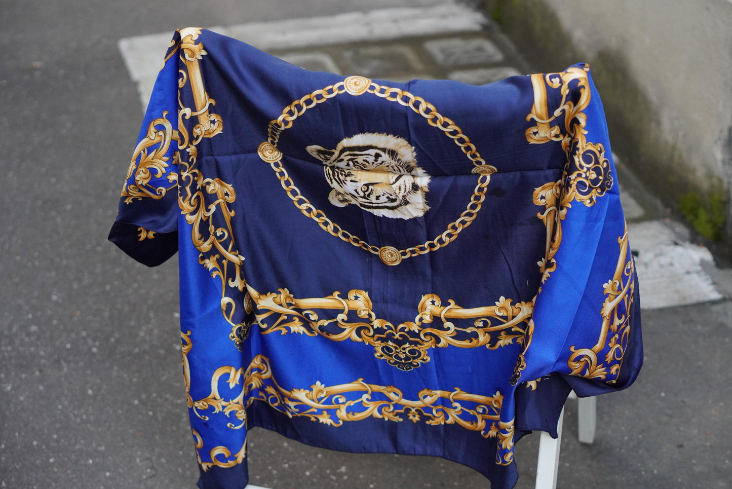 Vintage Tiger Scarf | Royal Blue Gold Chain Print Necktie| Baroque Accessory