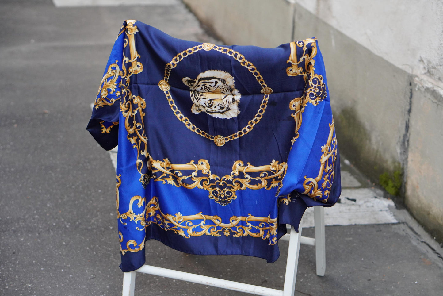 Vintage Tiger Scarf | Royal Blue Gold Chain Print Necktie| Baroque Accessory