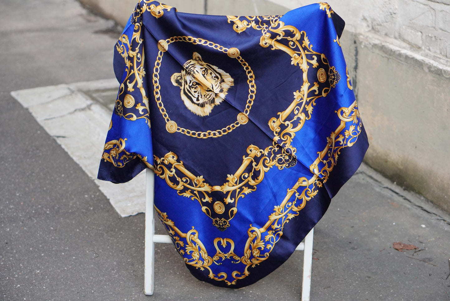 Vintage Tiger Scarf | Royal Blue Gold Chain Print Necktie| Baroque Accessory