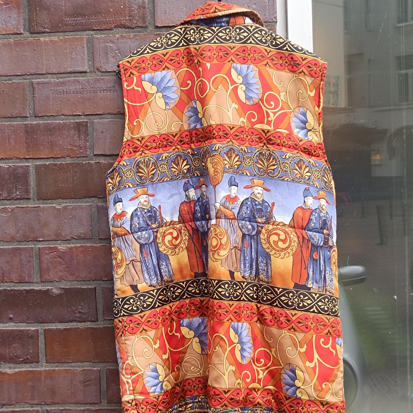 Vintage Padded Vest Chinoiserie Print Quilted Gilet Boho Waistcoat Asian Art M L