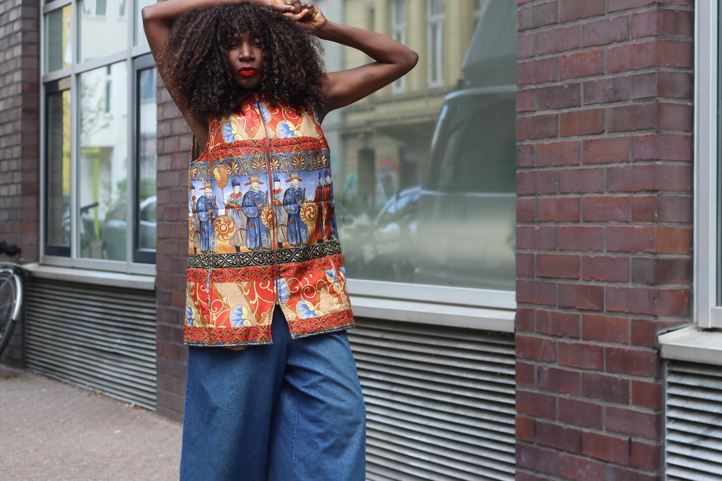 Vintage Padded Vest Chinoiserie Print Quilted Gilet Boho Waistcoat Asian Art M L