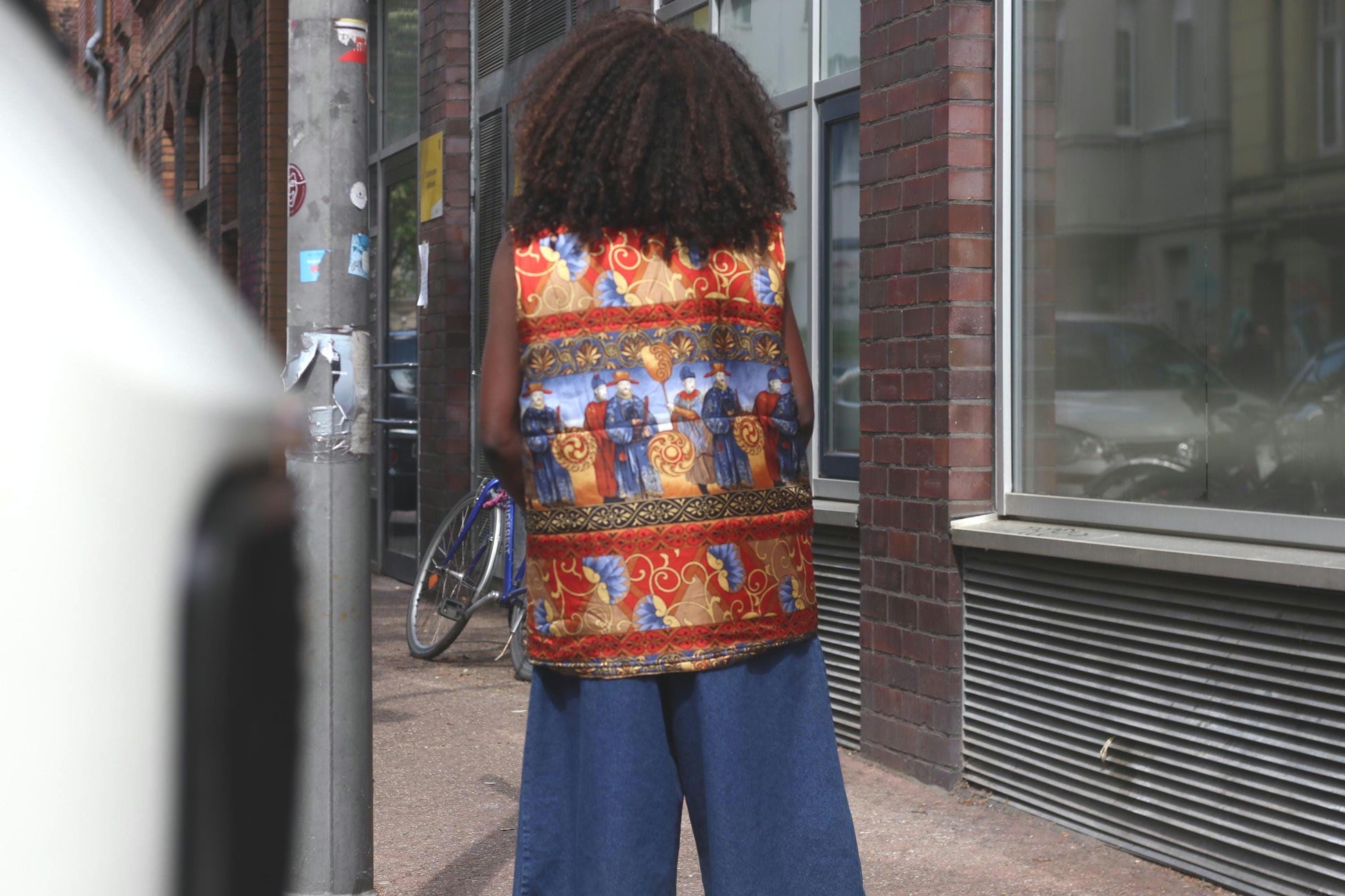 Vintage Padded Vest Chinoiserie Print Quilted Gilet Boho Waistcoat Asian Art M L