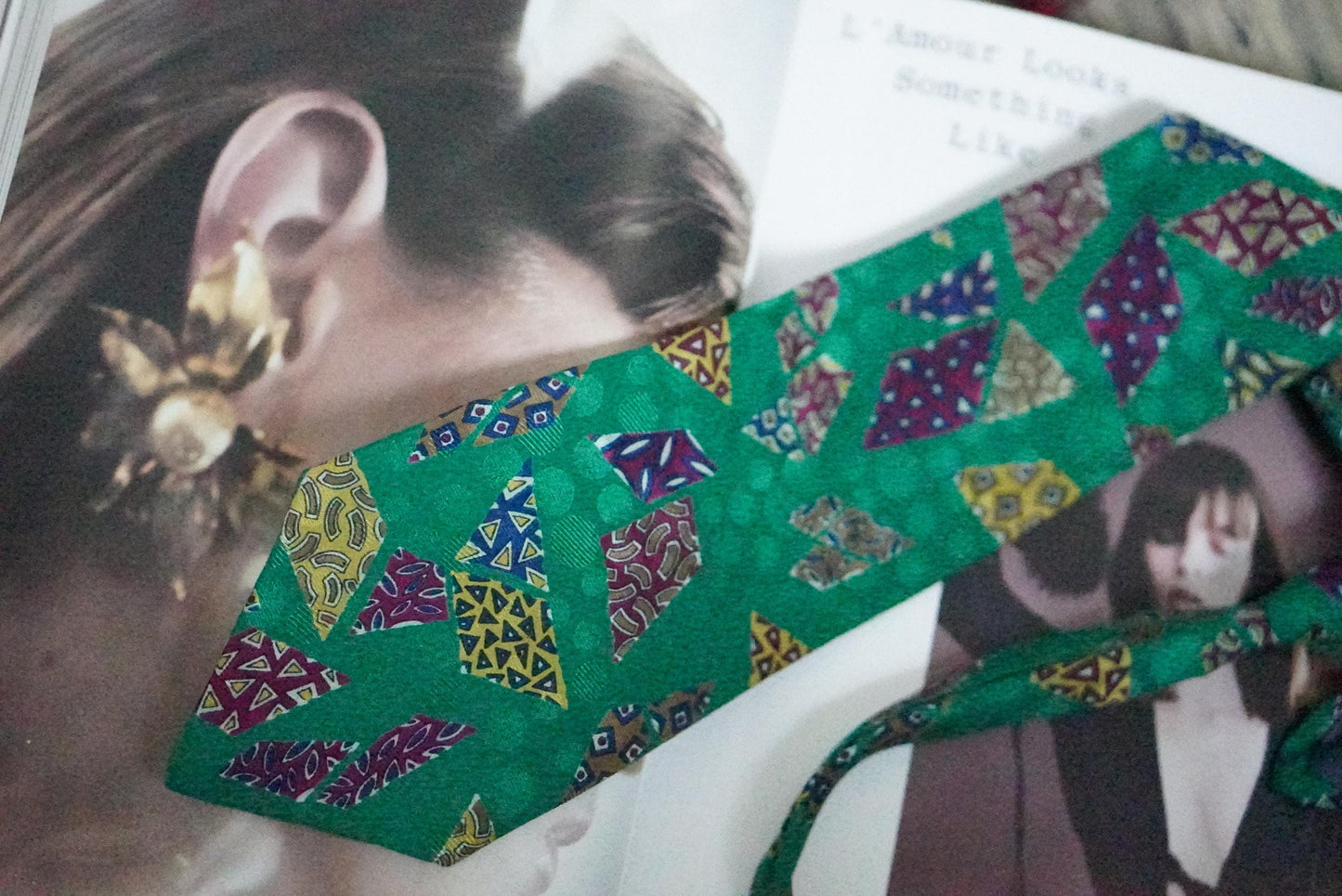 Vintage Silk Tie Emerald Green Geometric Mosaic Print 90s Retro Abstract