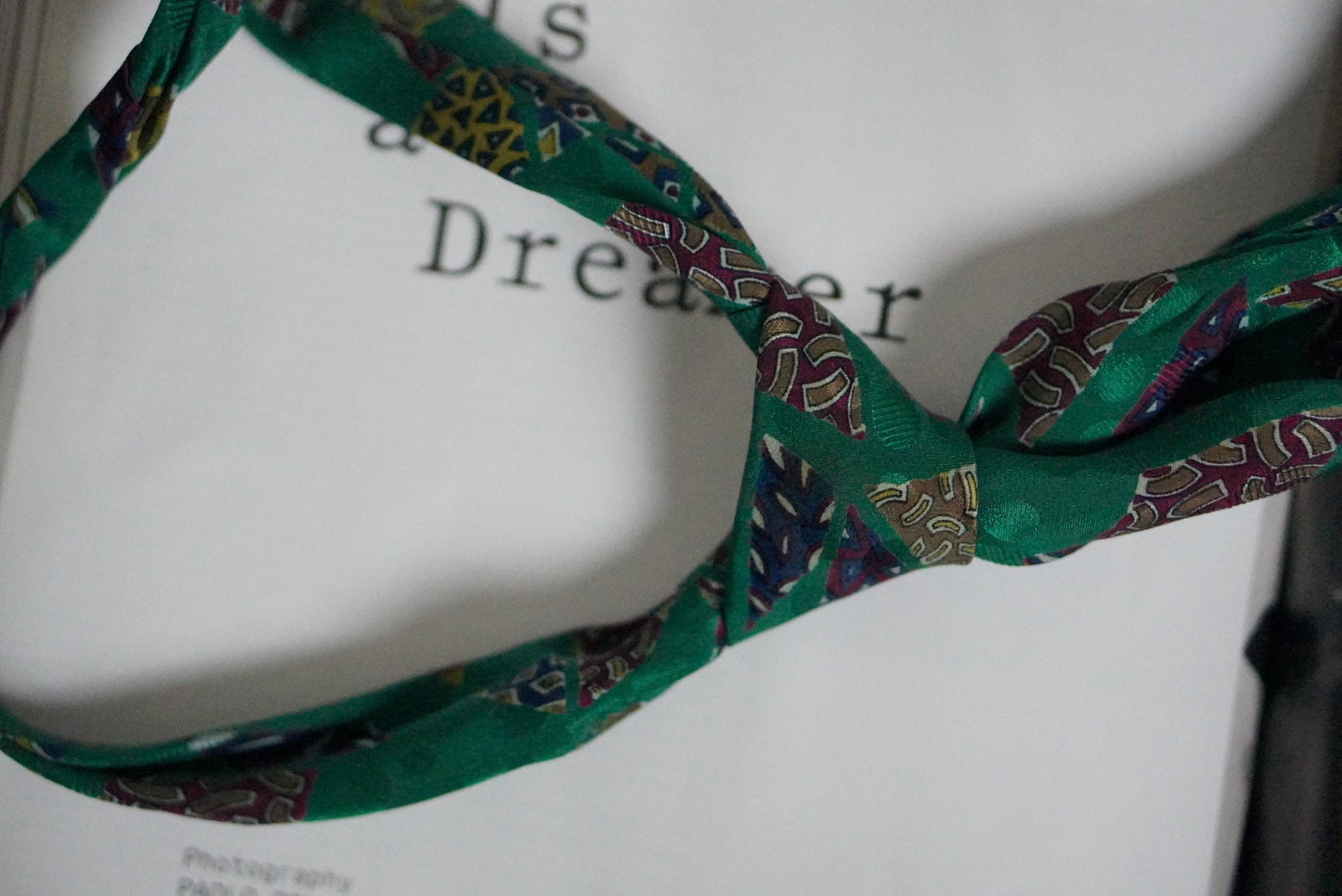 Vintage Silk Tie Emerald Green Geometric Mosaic Print 90s Retro Abstract