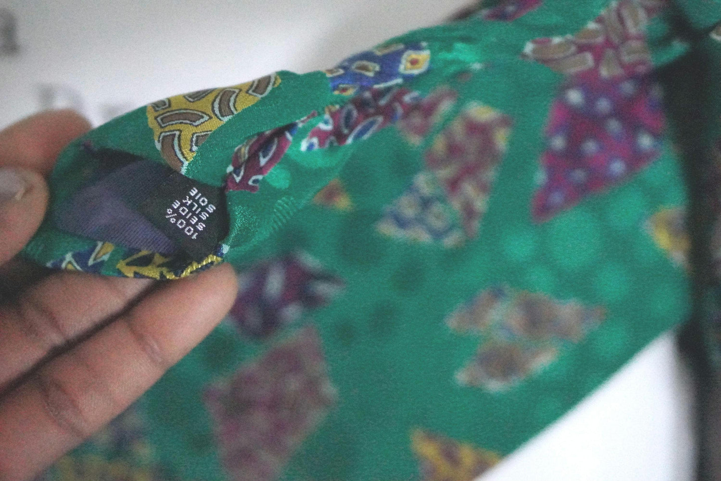 Vintage Silk Tie Emerald Green Geometric Mosaic Print 90s Retro Abstract