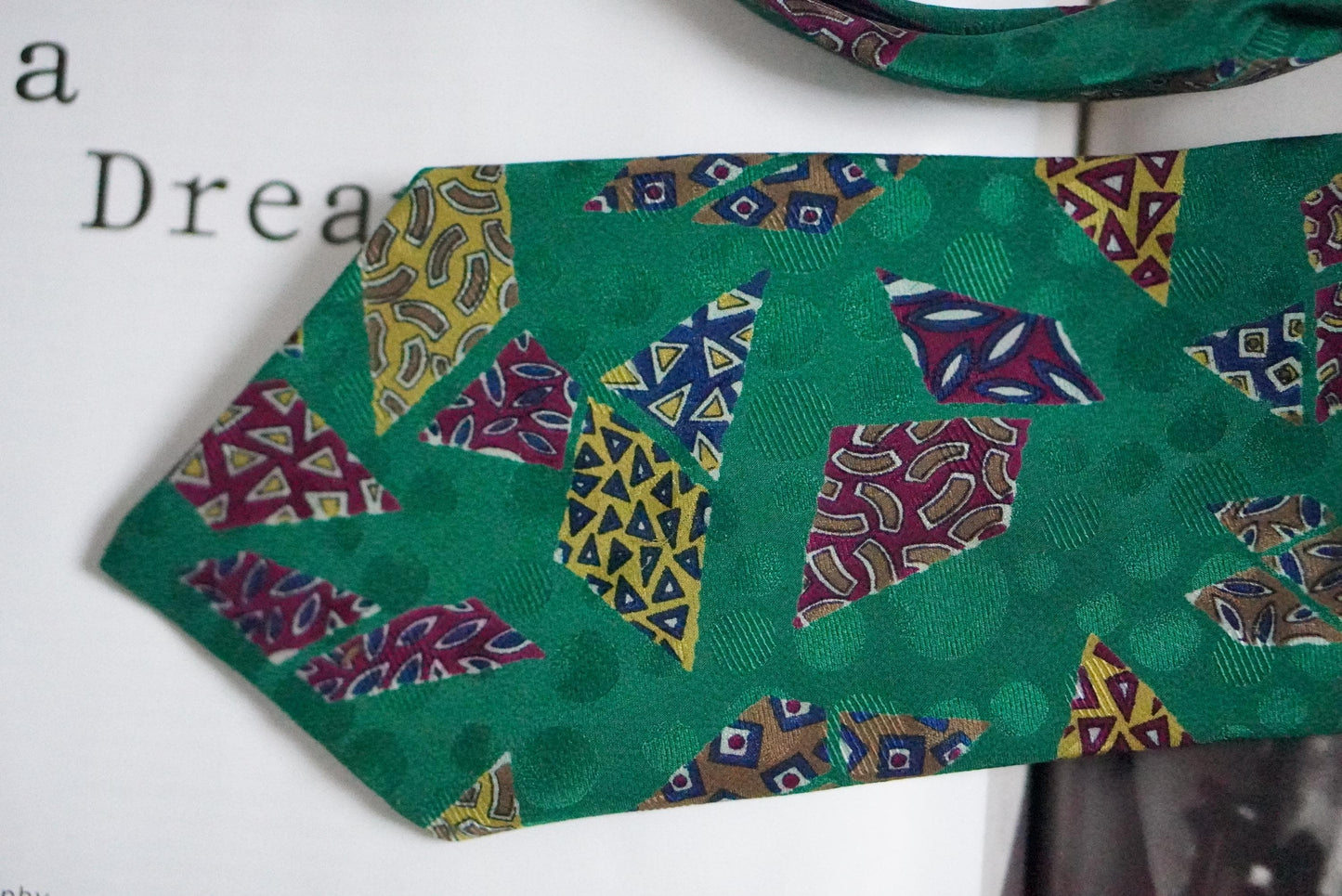 Vintage Silk Tie Emerald Green Geometric Mosaic Print 90s Retro Abstract