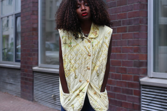 Vintage Quilted Nautical Vest Oversized Sleeveless Jacket Pale Yellow Gold Chain Print