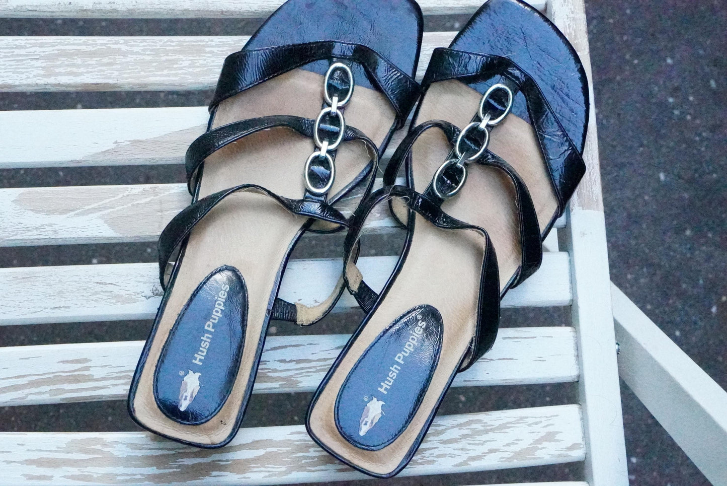 Vintage Hush Puppies Black Leather Wedge Sandals | Y2K Chain Slides EU 42