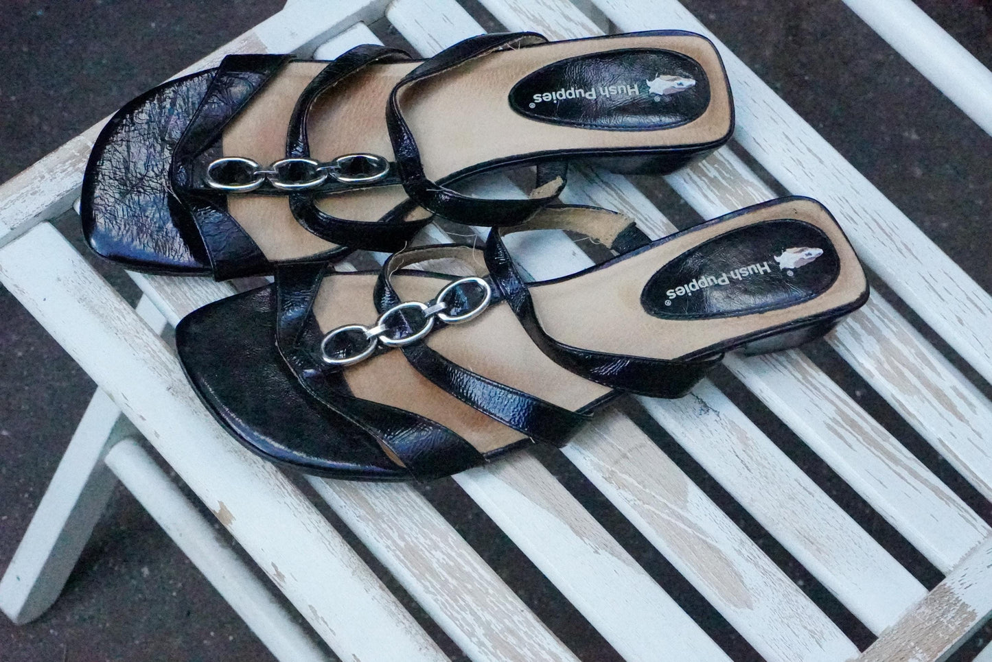 Vintage Hush Puppies Black Leather Wedge Sandals | Y2K Chain Slides EU 42