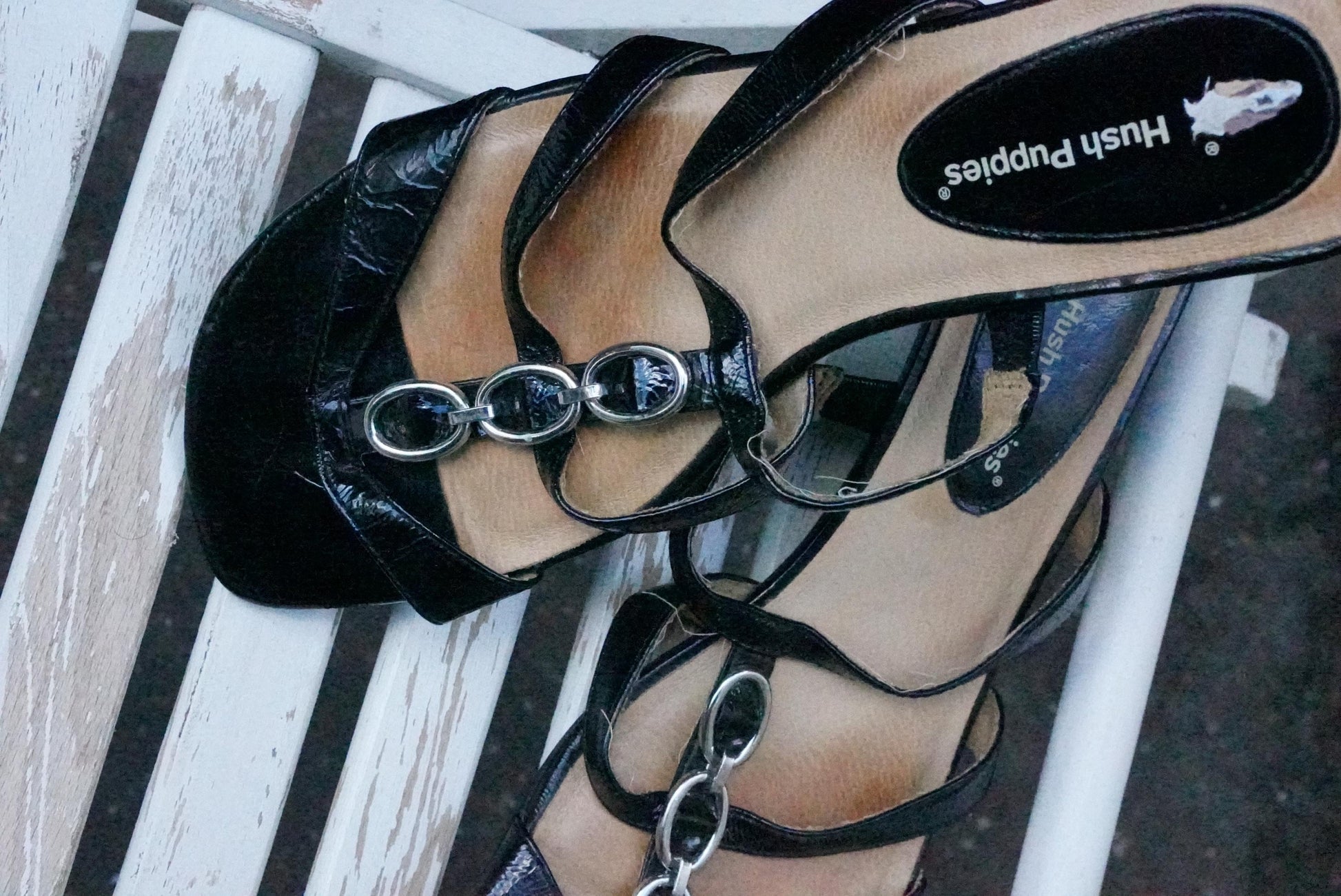 Vintage Hush Puppies Black Leather Wedge Sandals | Y2K Chain Slides EU 42