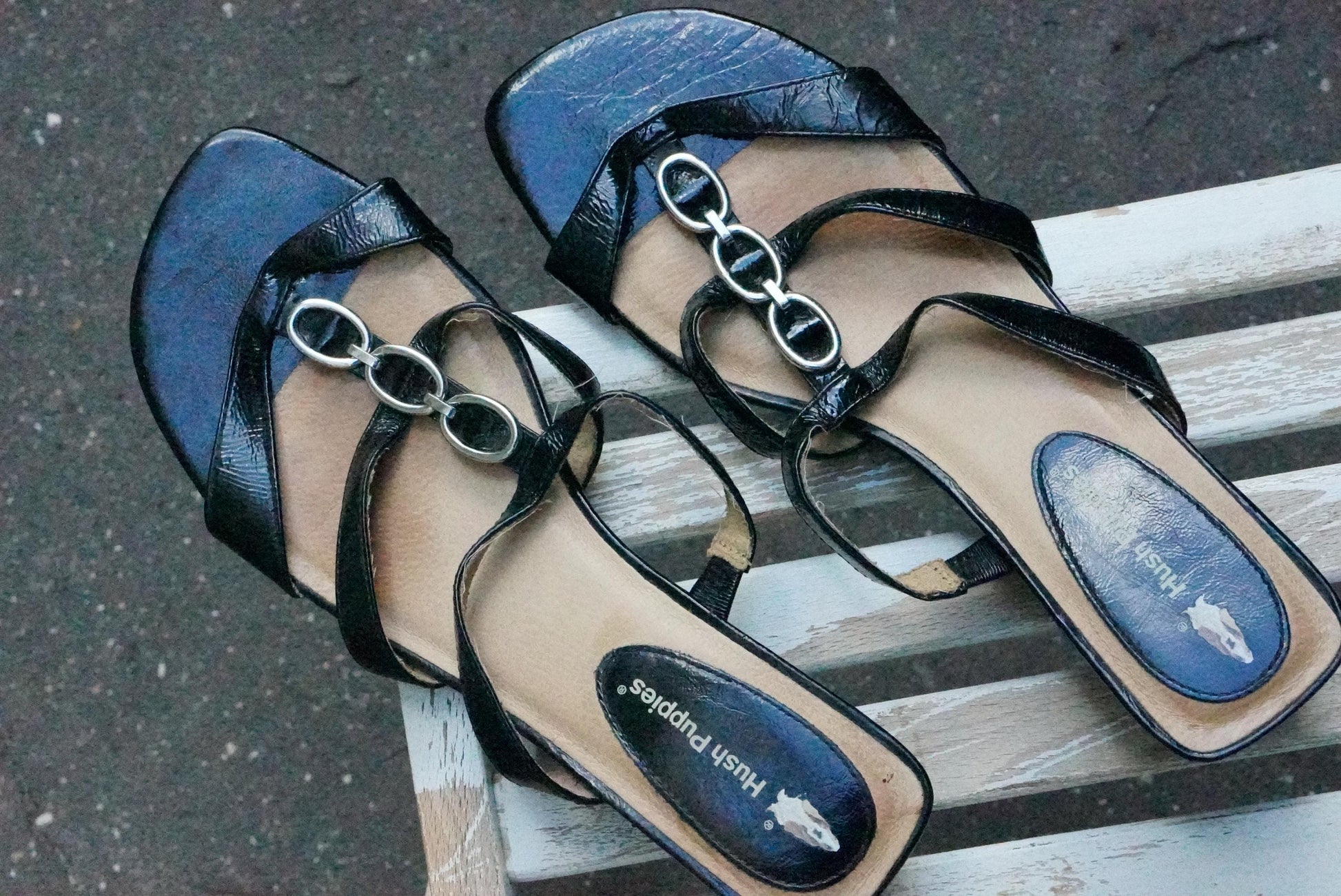 Vintage Hush Puppies Black Leather Wedge Sandals | Y2K Chain Slides EU 42