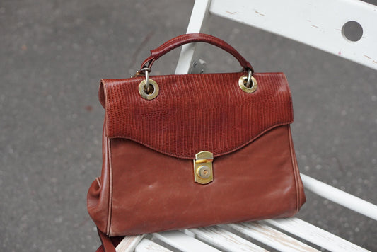 Vintage Amsellka Cognac Leather Handbag Lizard Embossed Flap Top Handle Bag