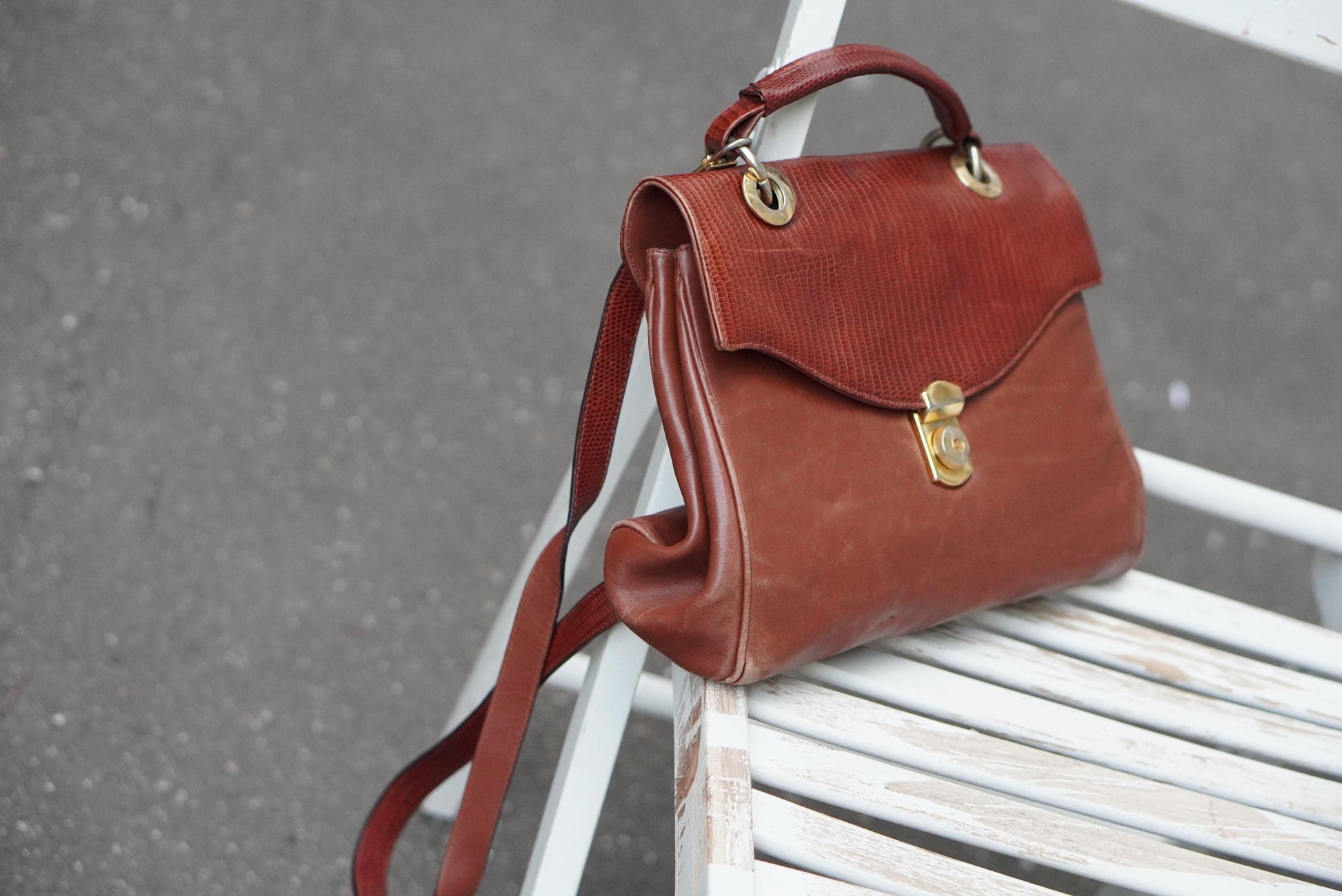 Vintage Amsellka Cognac Leather Handbag Lizard Embossed Flap Top Handle Bag