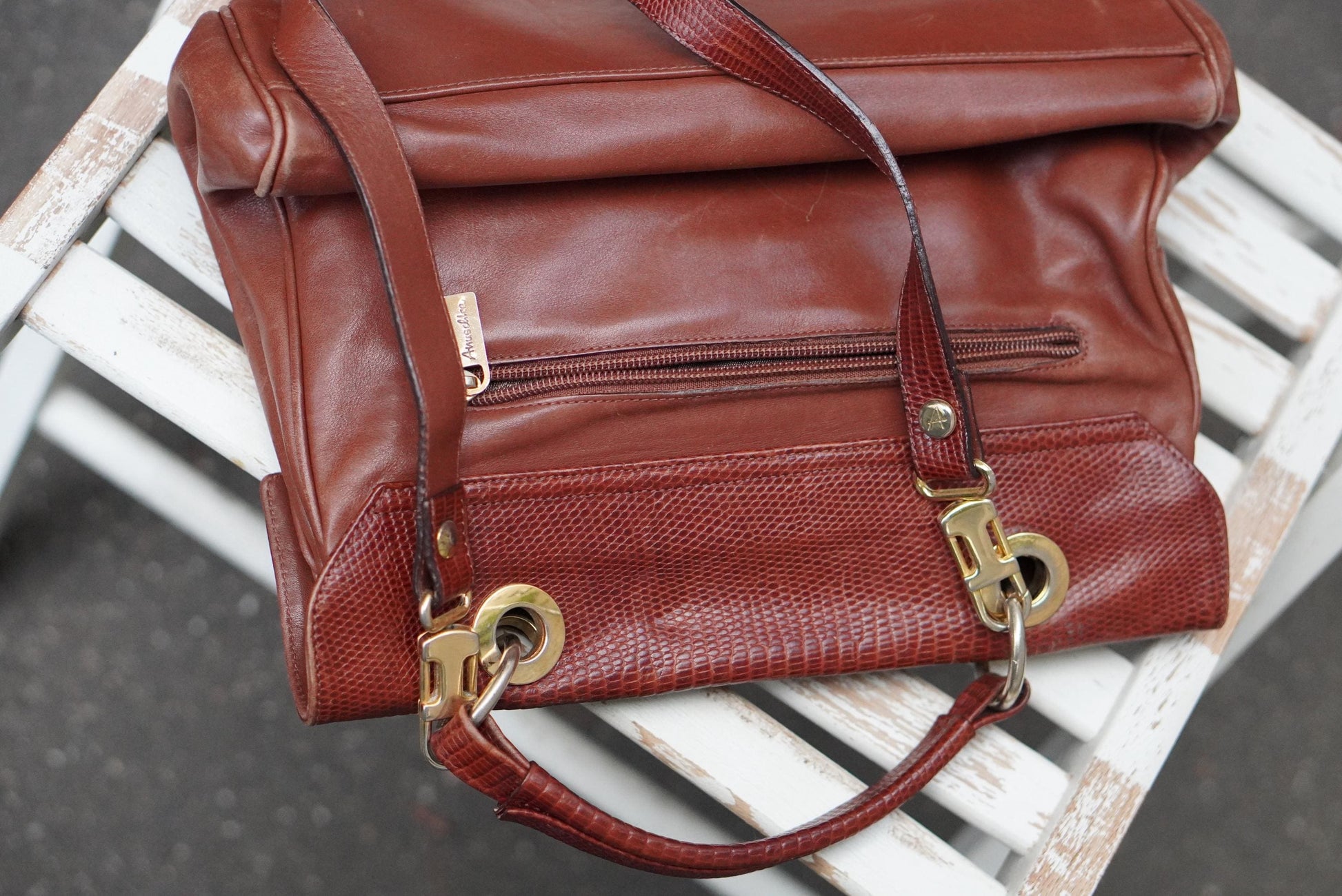 Vintage Amsellka Cognac Leather Handbag Lizard Embossed Flap Top Handle Bag