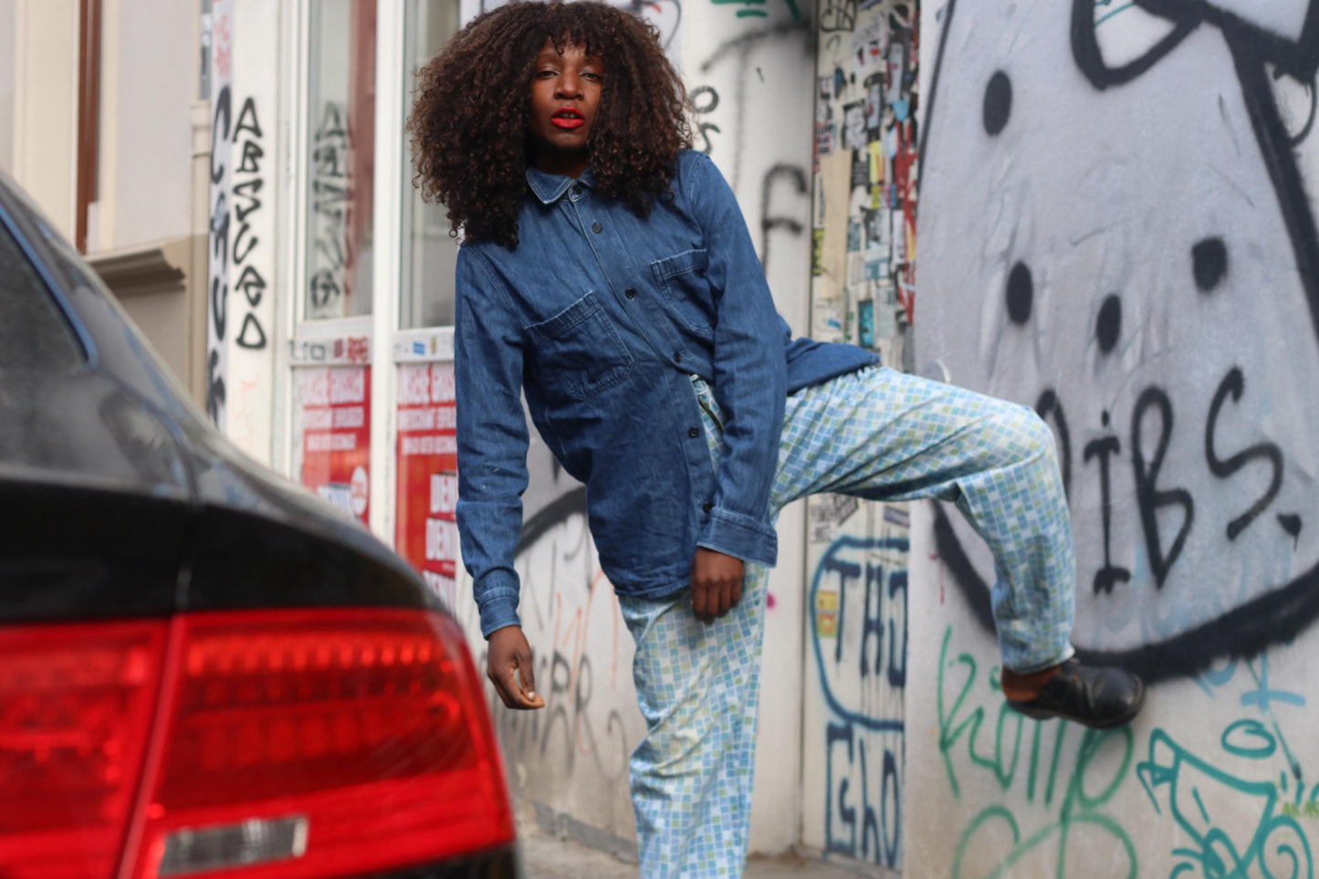 Vintage Checkered Pants Blue Green Geometric Print Trousers 90s Retro Streetwear