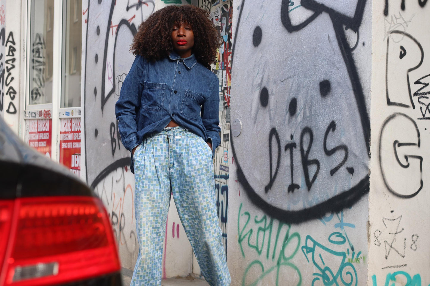 Vintage Checkered Pants Blue Green Geometric Print Trousers 90s Retro Streetwear