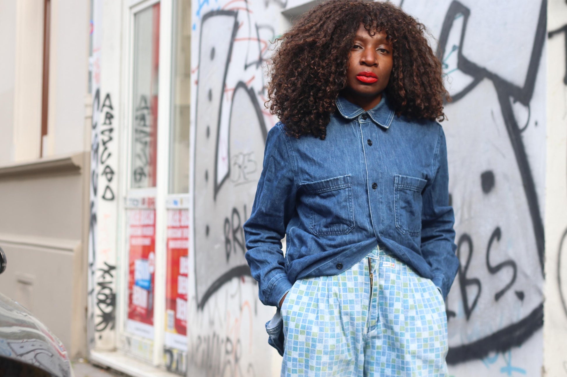 Vintage Checkered Pants Blue Green Geometric Print Trousers 90s Retro Streetwear