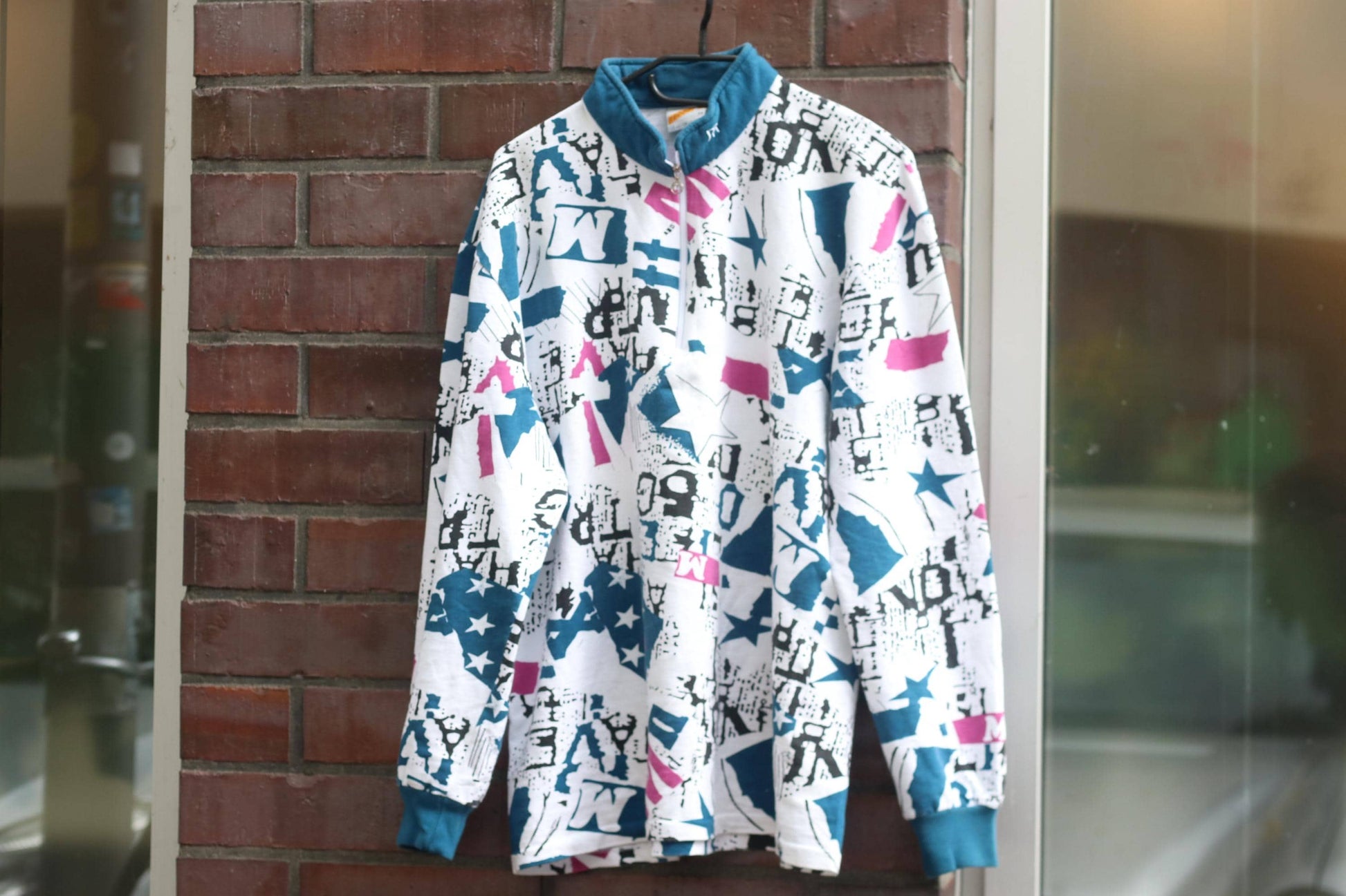 90s Vintage Abstract Graphic Sweatshirt Quarter Zip Teal Pink Newspaper Print