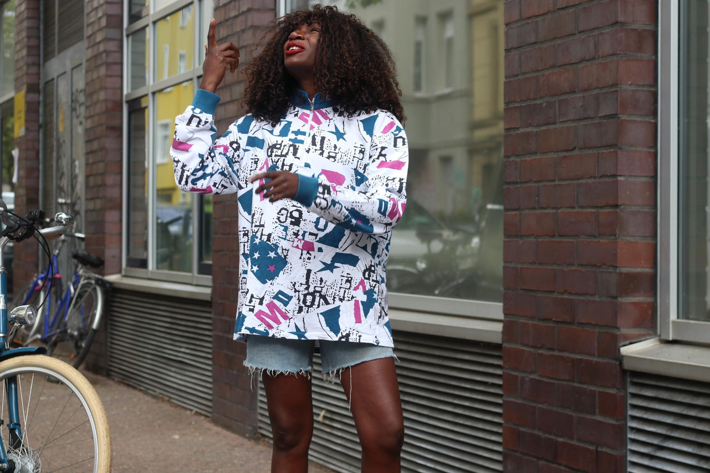 90s Vintage Abstract Graphic Sweatshirt Quarter Zip Teal Pink Newspaper Print