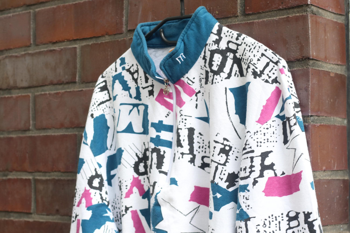 90s Vintage Abstract Graphic Sweatshirt Quarter Zip Teal Pink Newspaper Print
