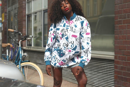 90s Vintage Abstract Graphic Sweatshirt Quarter Zip Teal Pink Newspaper Print