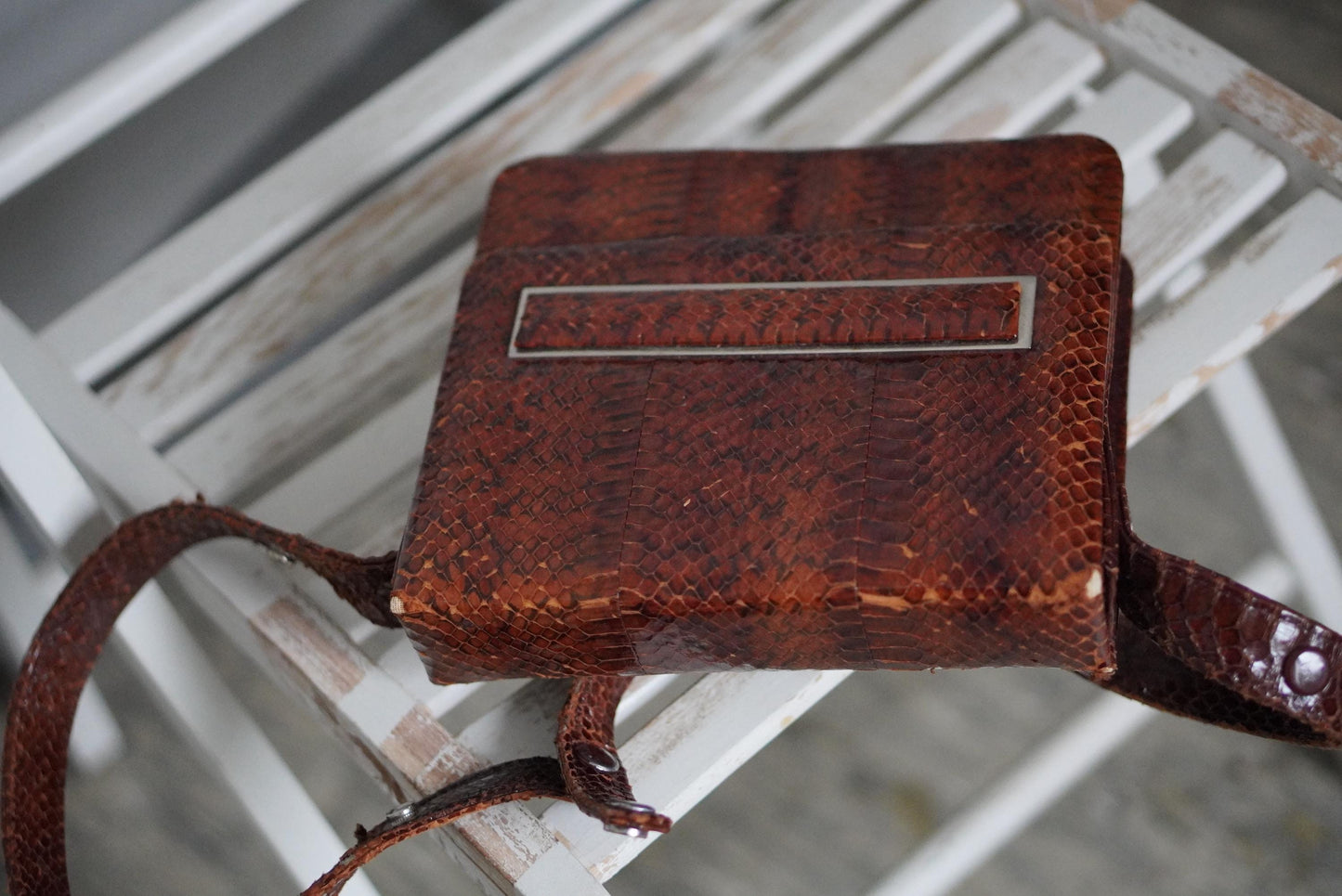 Faux Snakeskin Leather handbag| Vintage Brown Compact Shoulder bag | 70s Mini Leo Print Bag