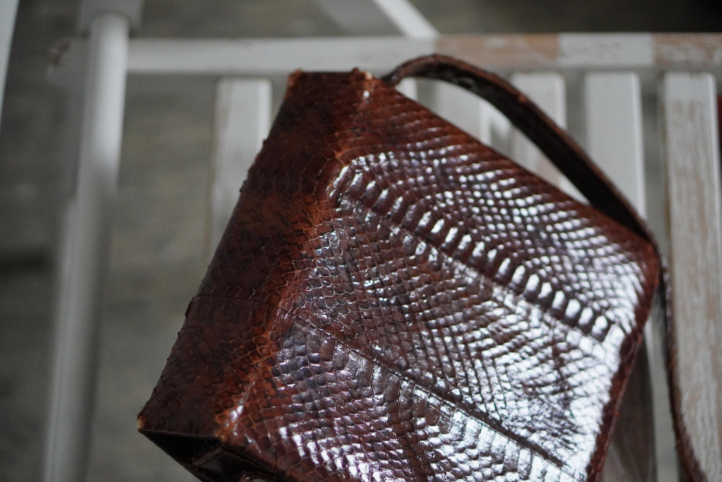 Faux Snakeskin Leather handbag| Vintage Brown Compact Shoulder bag | 70s Mini Leo Print Bag