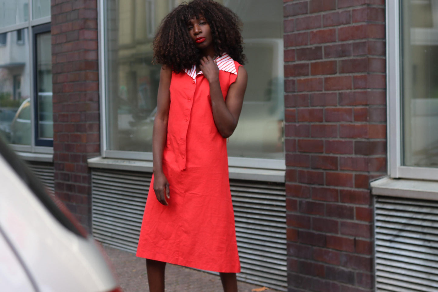 Vintage Red Shift Dress Striped Disco Collar Sleeveless Mod 60s Style Midi