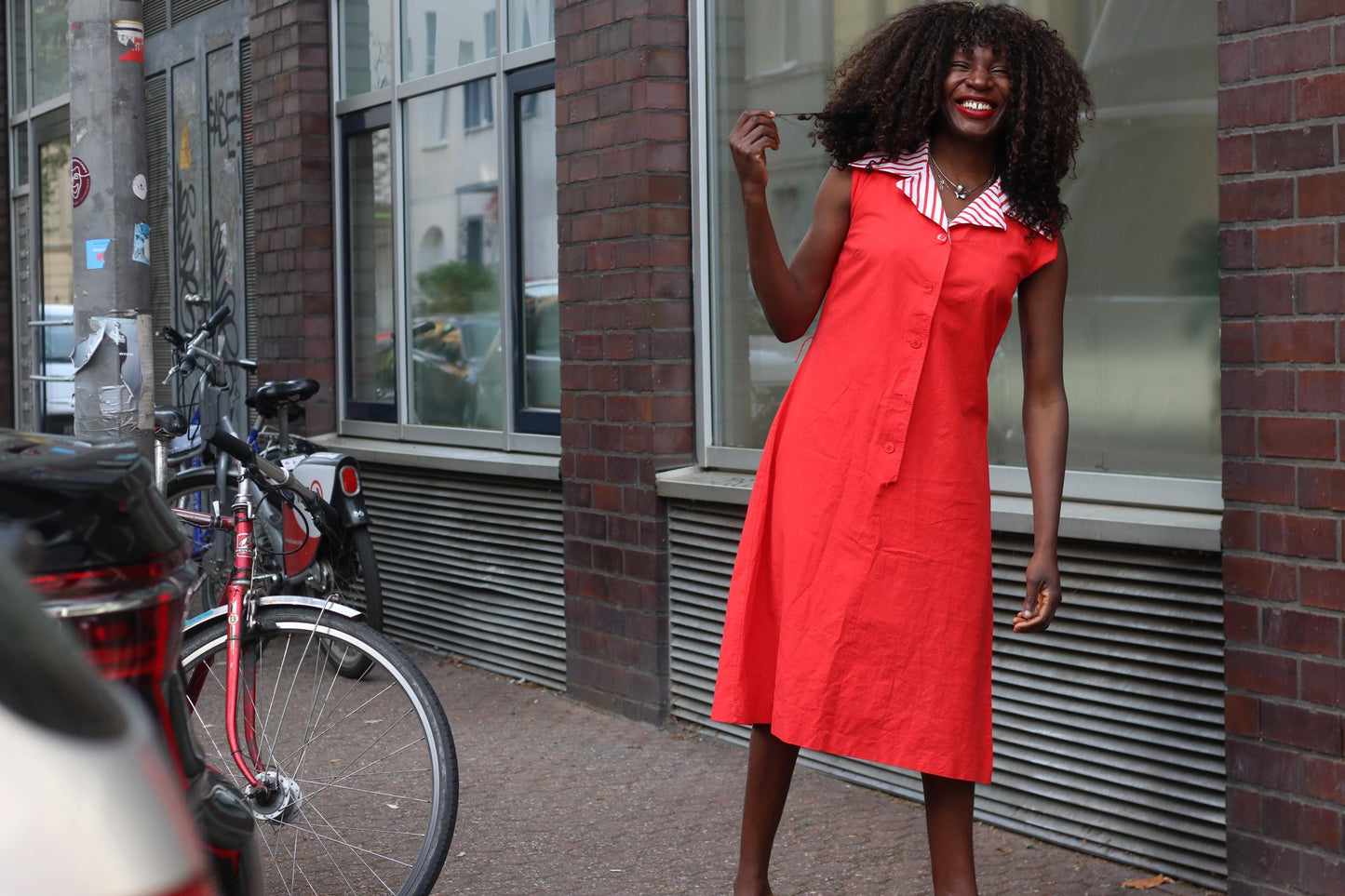 Vintage Red Shift Dress Striped Disco Collar Sleeveless Mod 60s Style Midi