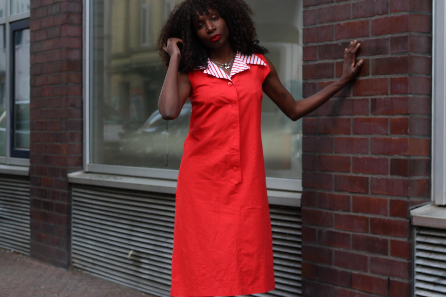 Vintage Red Shift Dress Striped Disco Collar Sleeveless Mod 60s Style Midi