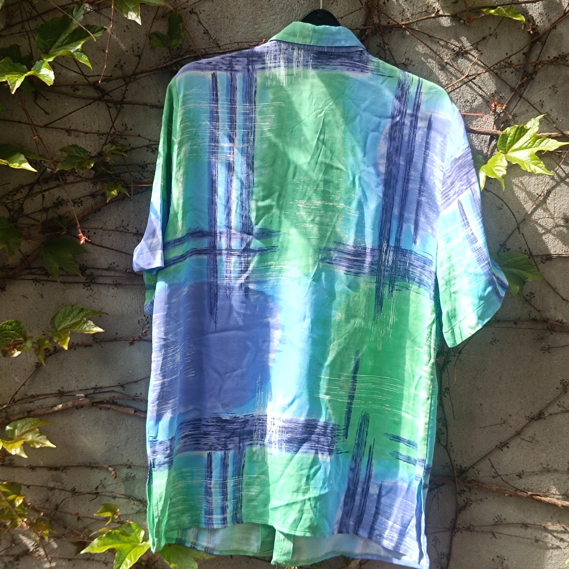 Vintage 90s Oversized Abstract Print Button Down Shirt Blue Green Short Sleeve